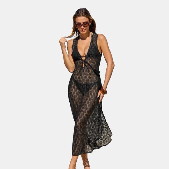 CUPSHE Women’s Black Knit Sheer Daisy Midi Cover-Up Dress with Front Tie SZ S - Picture 1 of 5